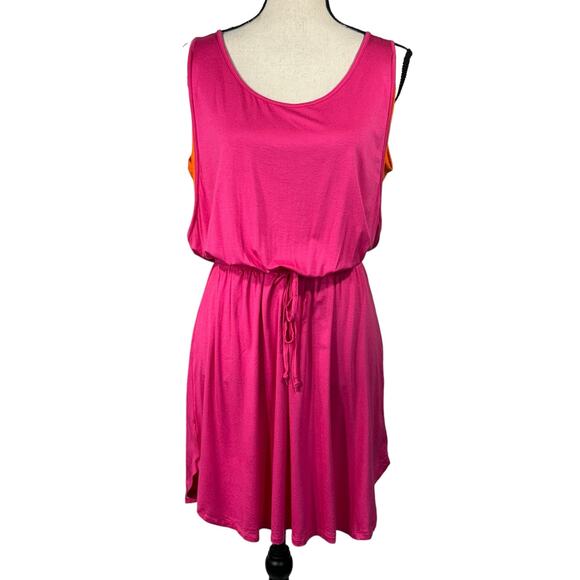 Fever Medium Mini Blouson Dress Scoop Neck Sleeveless Stretch Drawstring Waist